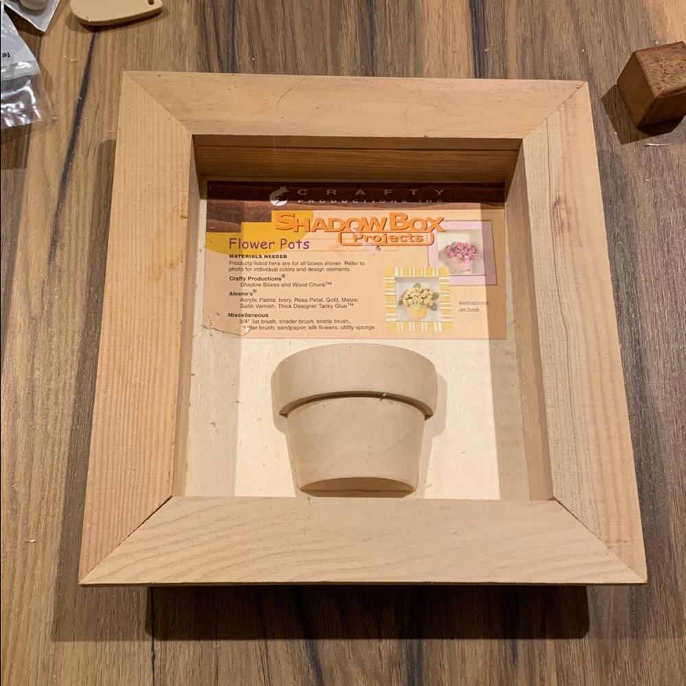 Wooden Shadow box framed for crafting 8” by 8” x 1.5” deep square w 3D pot